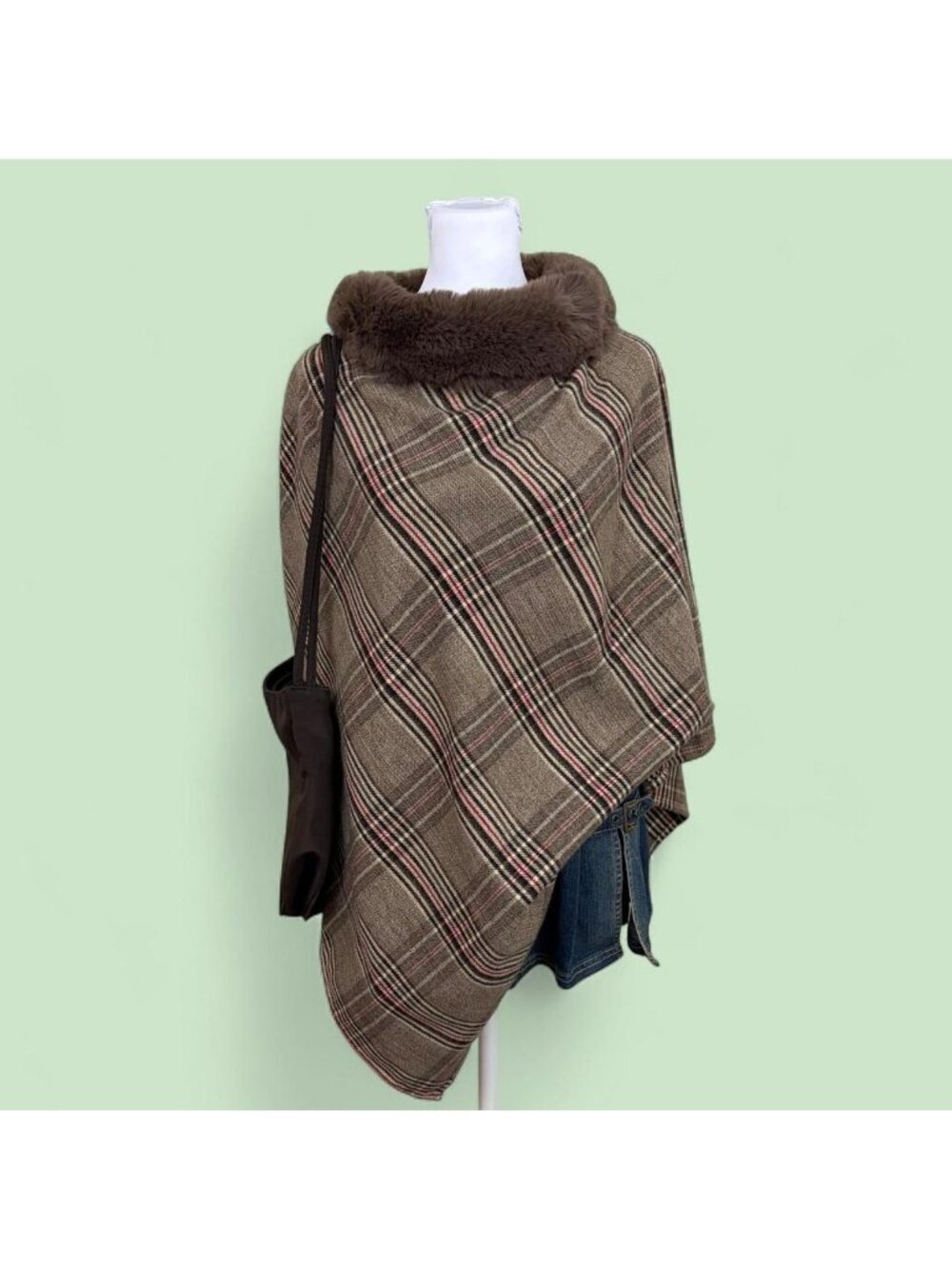 brown plaid faux fur collar poncho